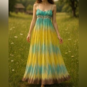 Vintage BCBGMaxAzria 100% Silk Maxi Dress Beaded Babydoll sz Small Y2K Fairy